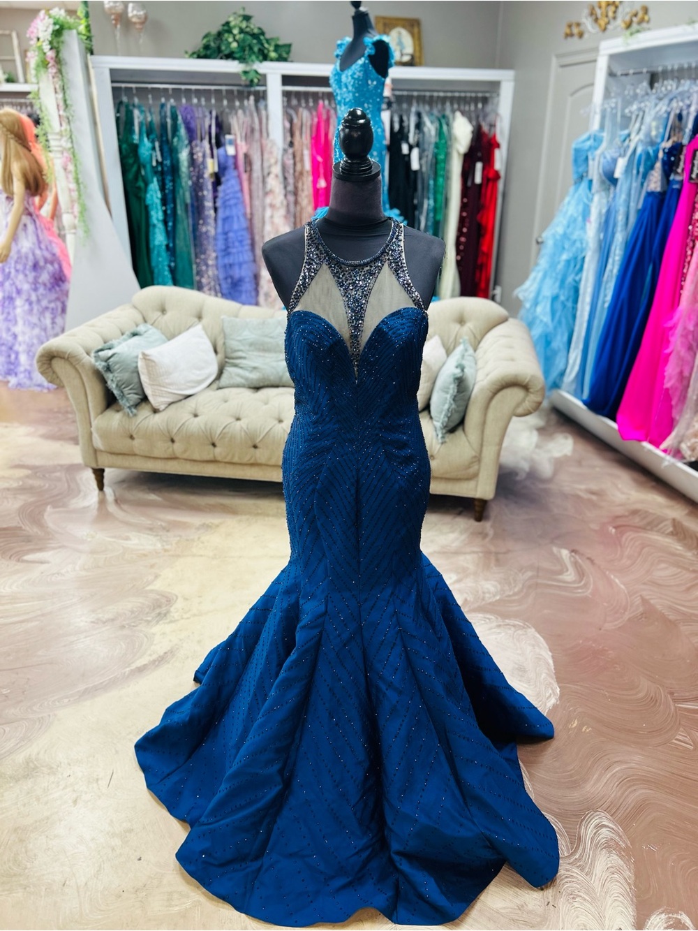 Navy Beaded Mermaid Prom Dress with Illusion Neckline